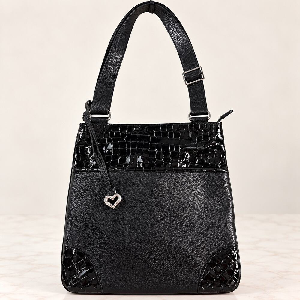 Brighton Black Leather Crossbody Bag Croc Embossed Heart Charm Adjustable